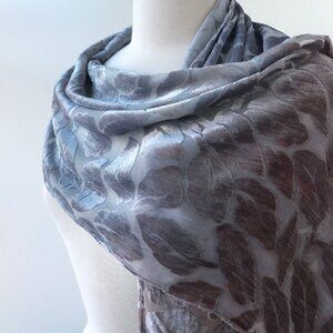 Hand-Dyed Burnout Velvet Scarf, Silk Rayon Leaf Design, Silver Gray Taupe